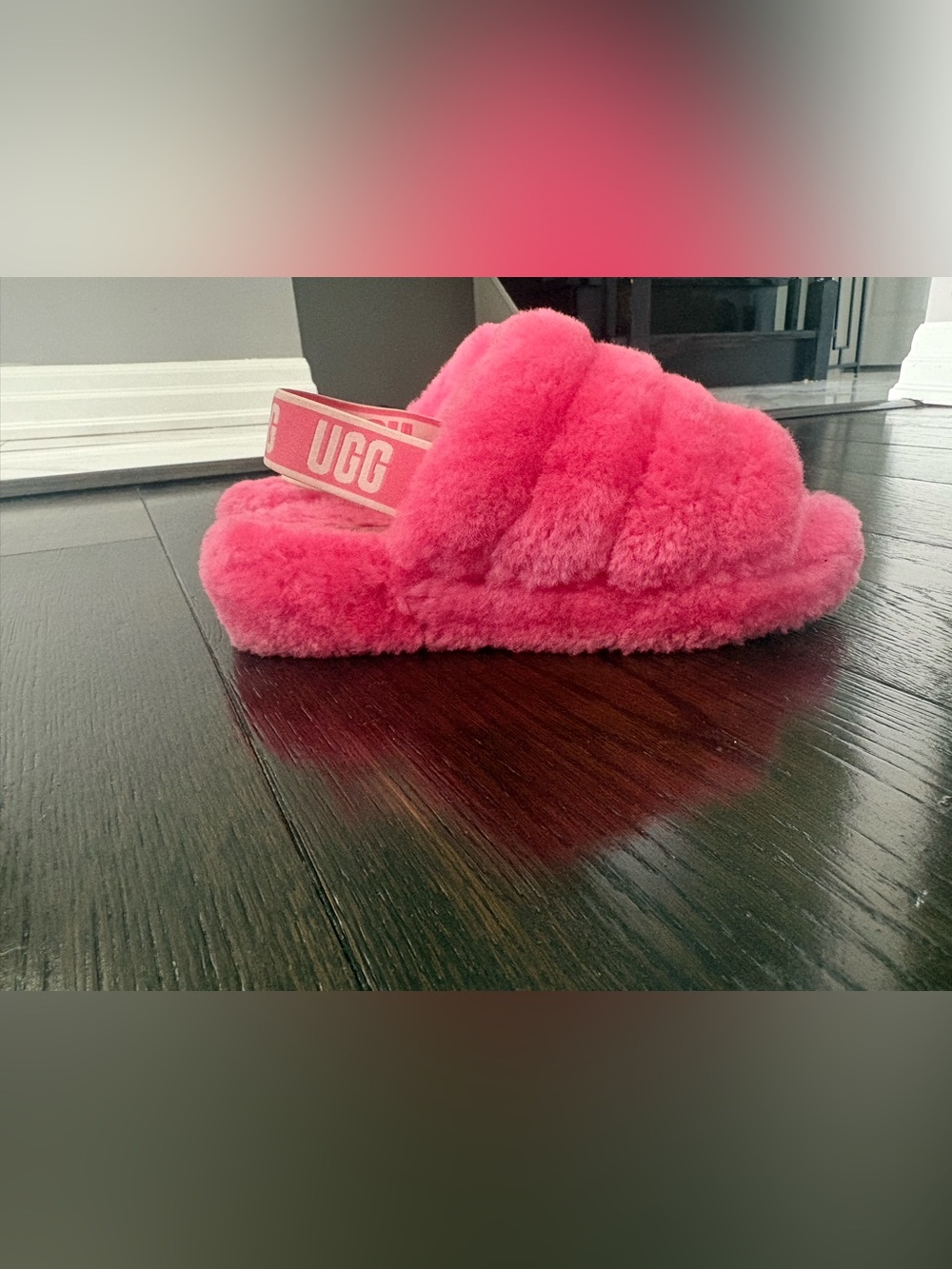 bright pink UGG Fluff Yeah Slides